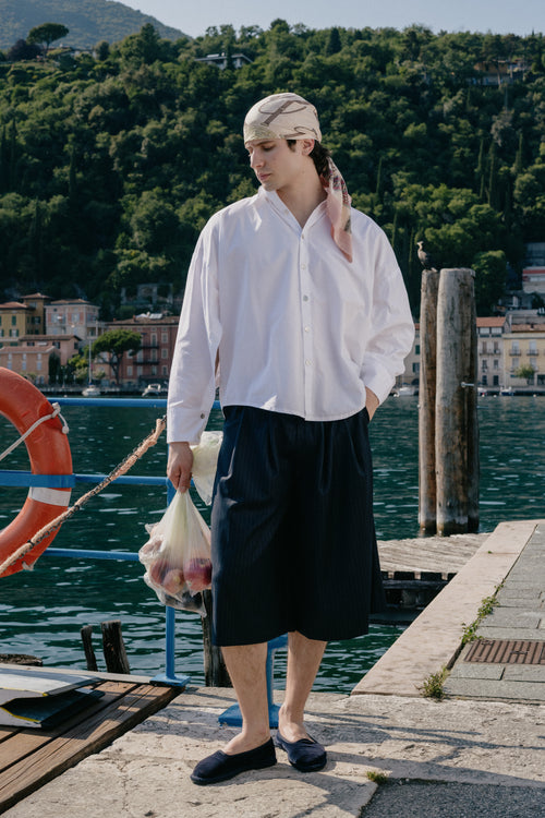 Below the Knees Shorts - Pinstriped Navy Wool & Cashemre