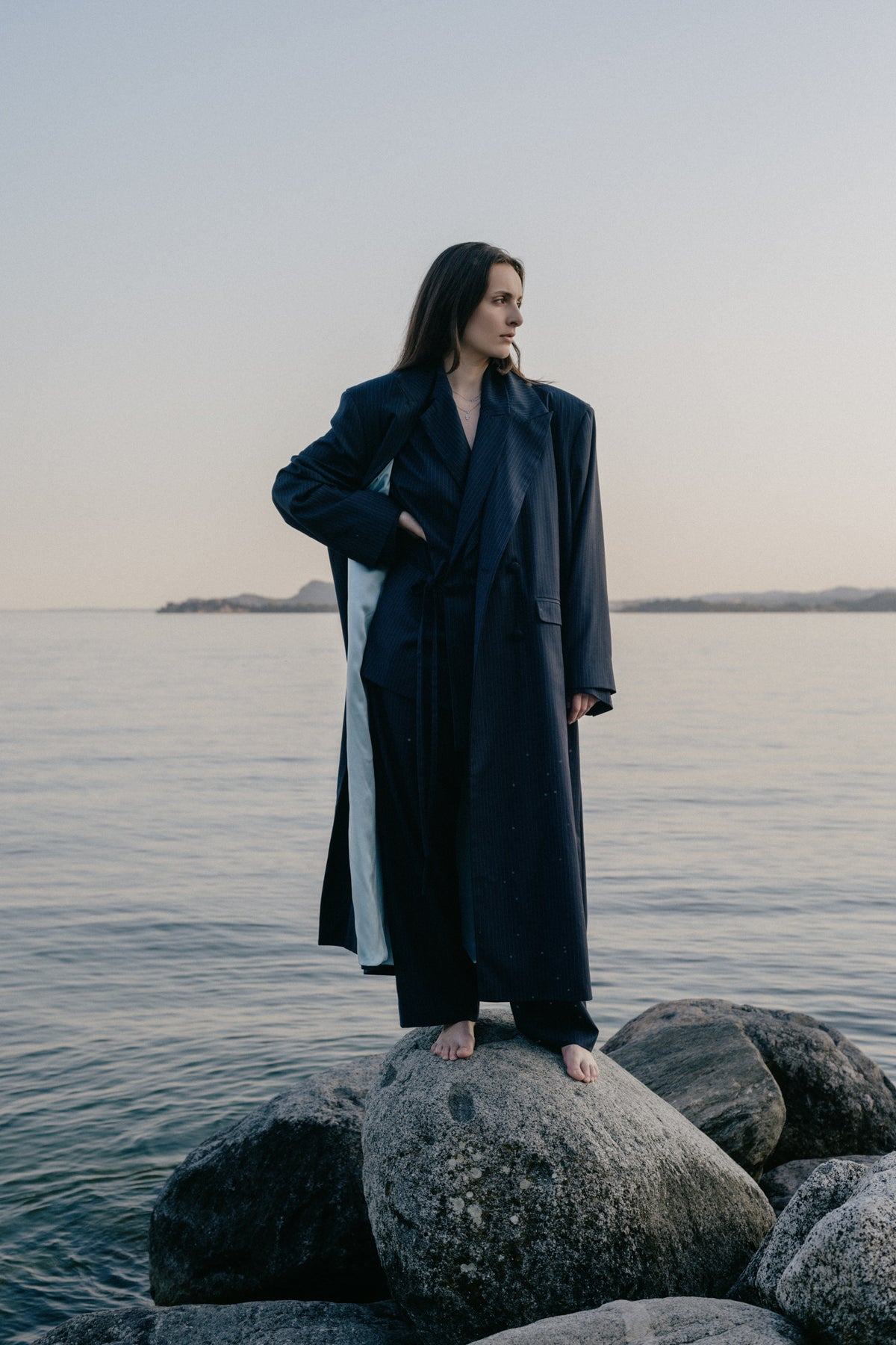 Long Spring Coat - Pinstriped Navy Wool & Cashemre