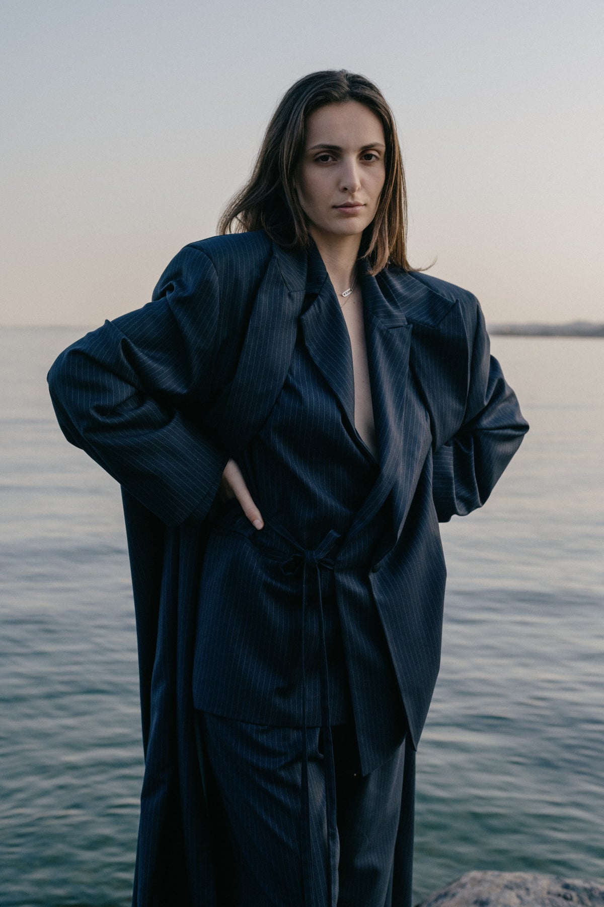 Long Spring Coat - Pinstriped Navy Wool & Cashemre