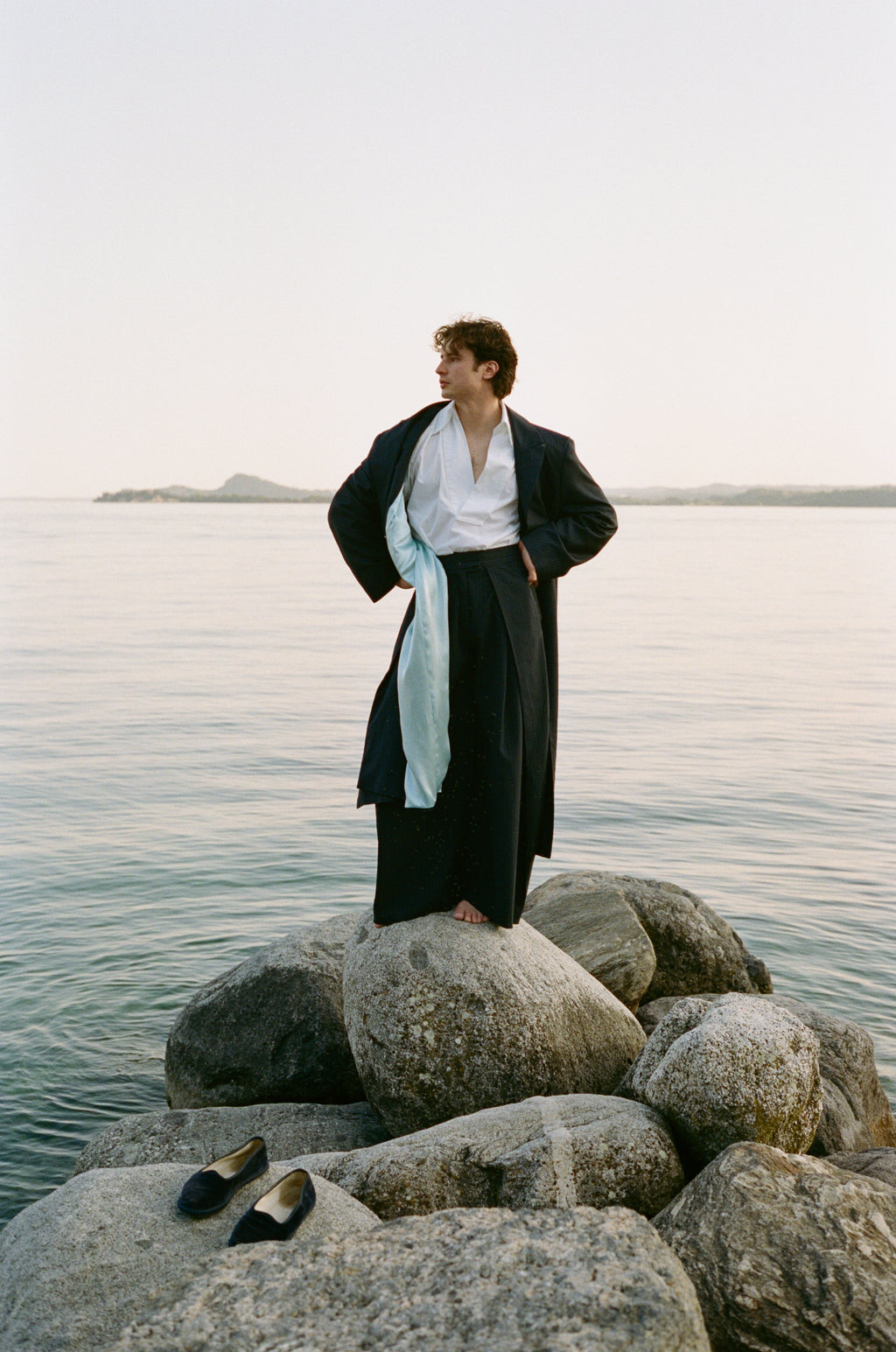 Long Spring Coat - Pinstriped Navy Wool & Cashemre