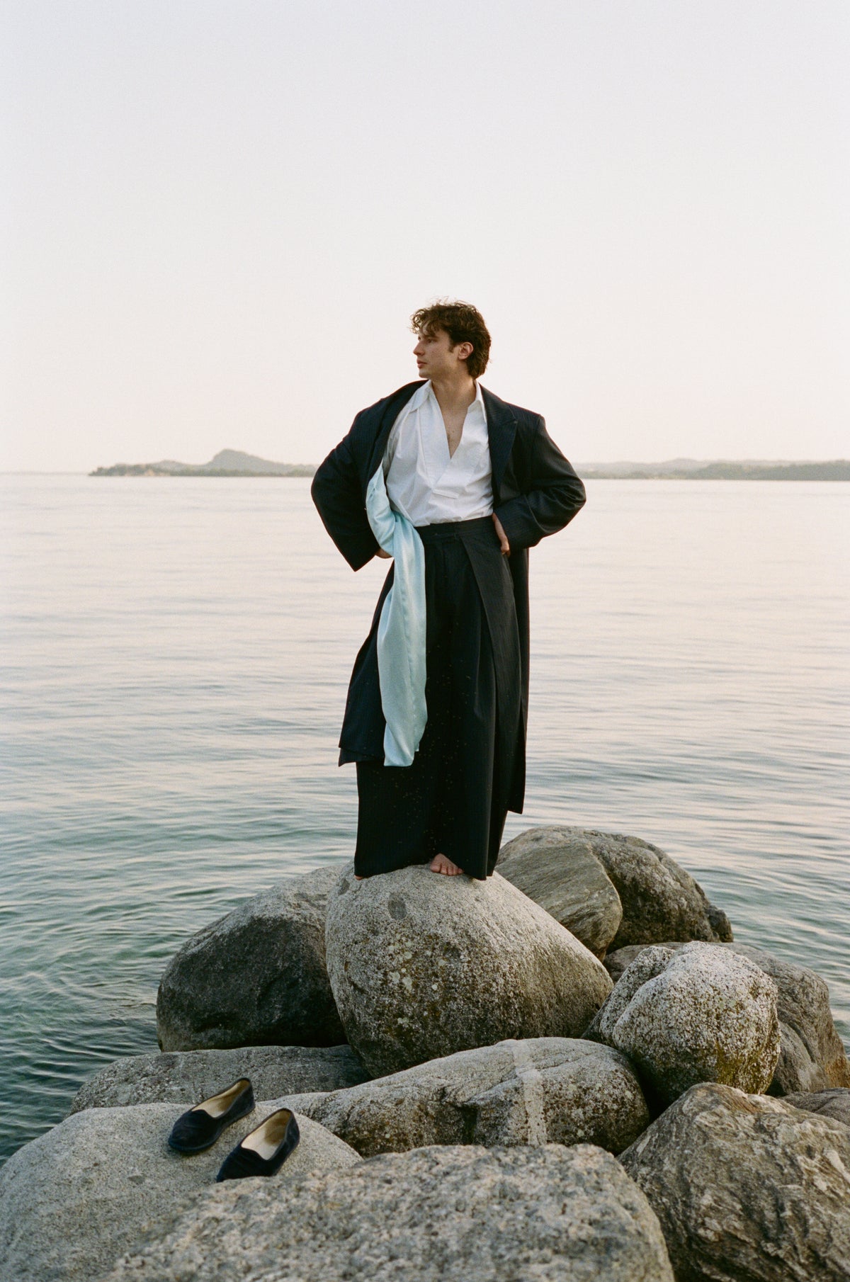 Long Spring Coat - Pinstriped Navy Wool & Cashemre