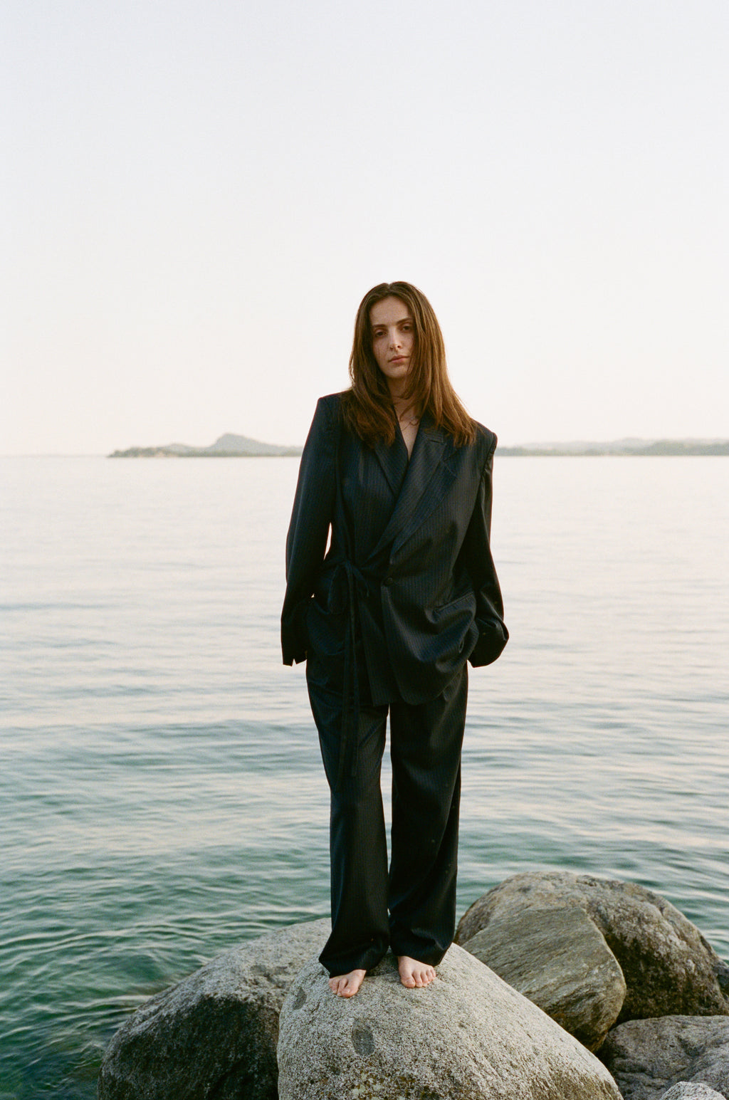 Kimono Suit Jacket - Pinstriped Navy Wool & Cashemre