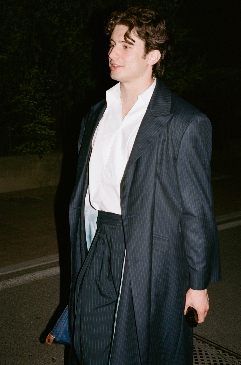 Long Spring Coat - Pinstriped Navy Wool & Cashemre