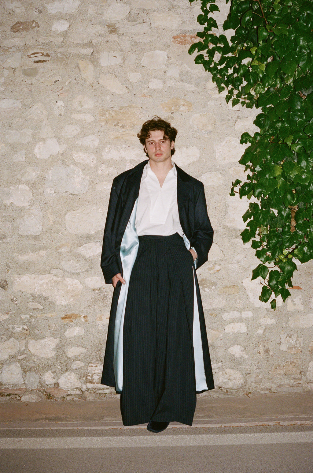 Long Spring Coat - Pinstriped Navy Wool & Cashemre